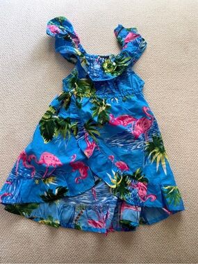 Girls Pink Flamingo Tropical Ruffle Dress KMA Kids 5-6Y